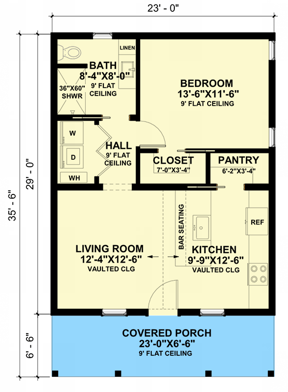 Plan 420151WNT: 1-Bed Colonial Cottage House Plan or ADU with Vaulted Living Room - 667 Sq Ft - Floor Plan - Main Level - Cabin, Colonial, Cottage, Country, Farmhouse, Traditional
