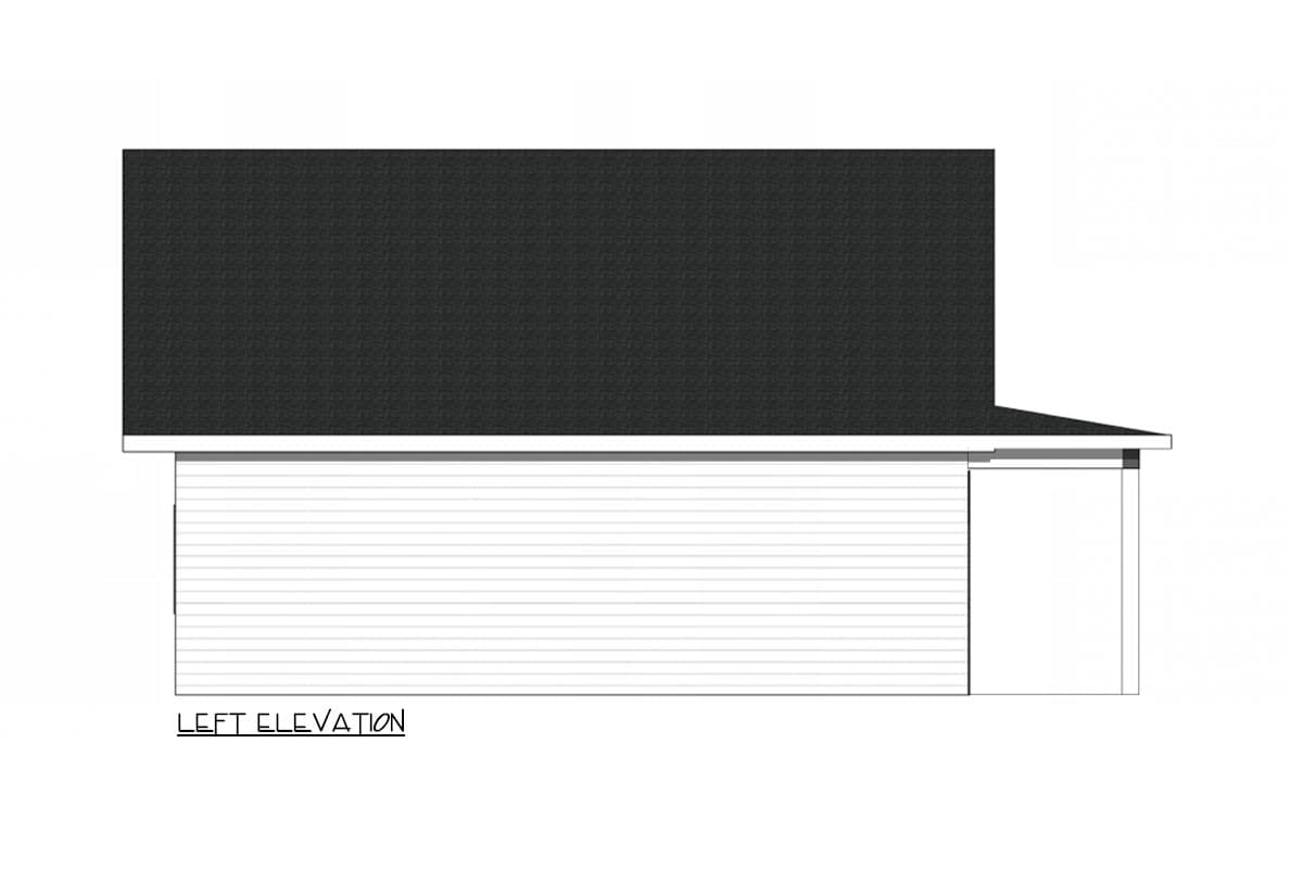 Left elevation drawing of a house plan featuring horizontal siding, a gable roof, and a single-door garage.