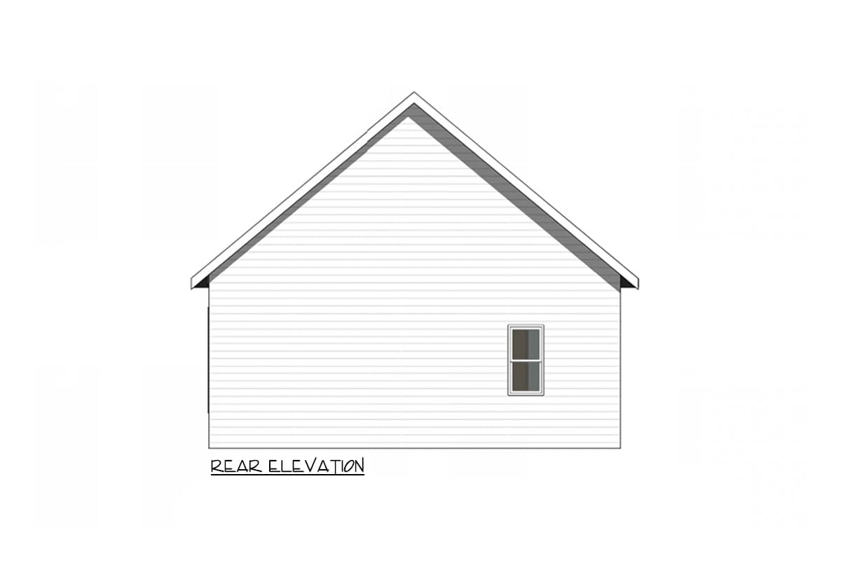 Rear elevation drawing showing a pitched roof, vinyl siding, and a single window.