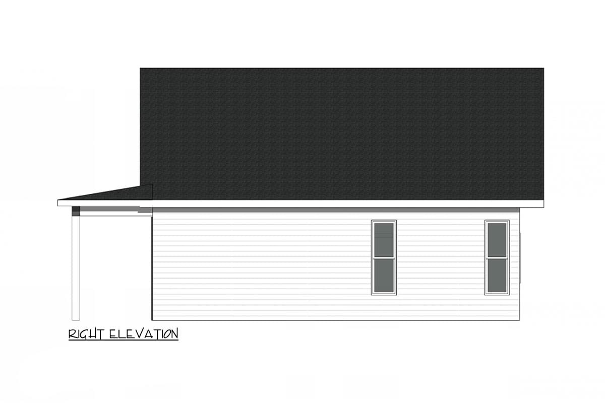 Right elevation house plan drawing shows a sloped roof, horizontal siding, and two windows.