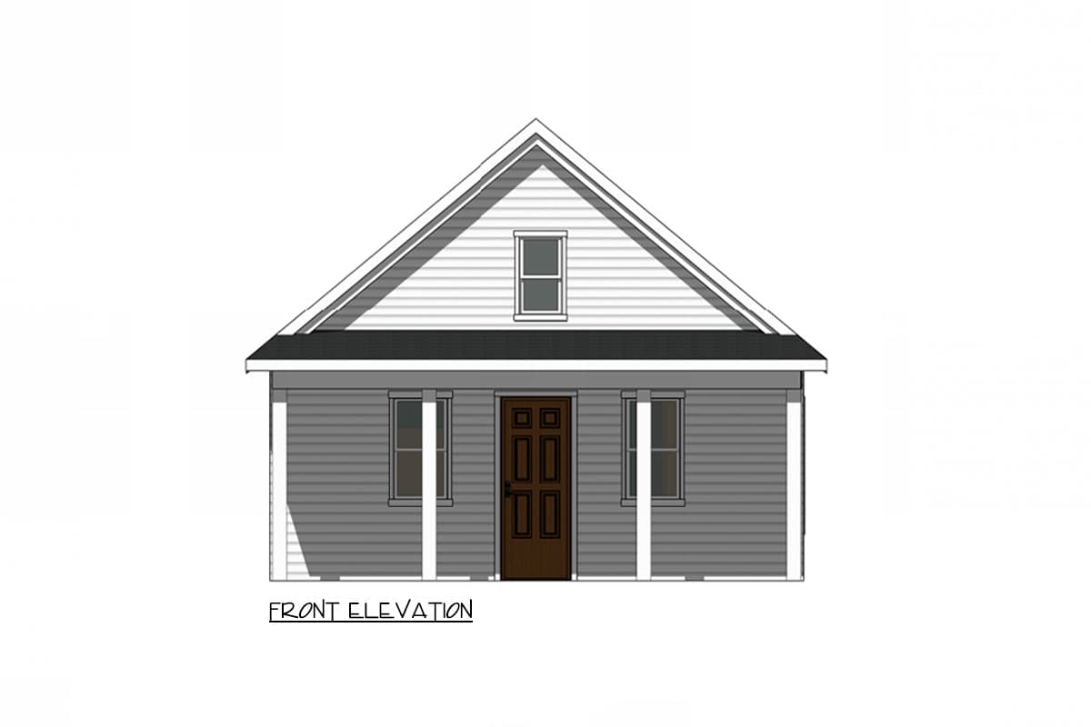 Front elevation of a one-story house plan featuring a gable roof, dormer window, and covered entry with columns.