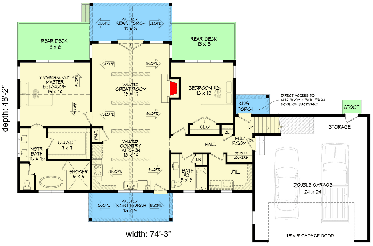 Plan 680361VR: 2-Bed Country Ranch Home with Vaulted Porches - 1888 Sq Ft - Floor Plan - Main Level - Ranch, Traditional