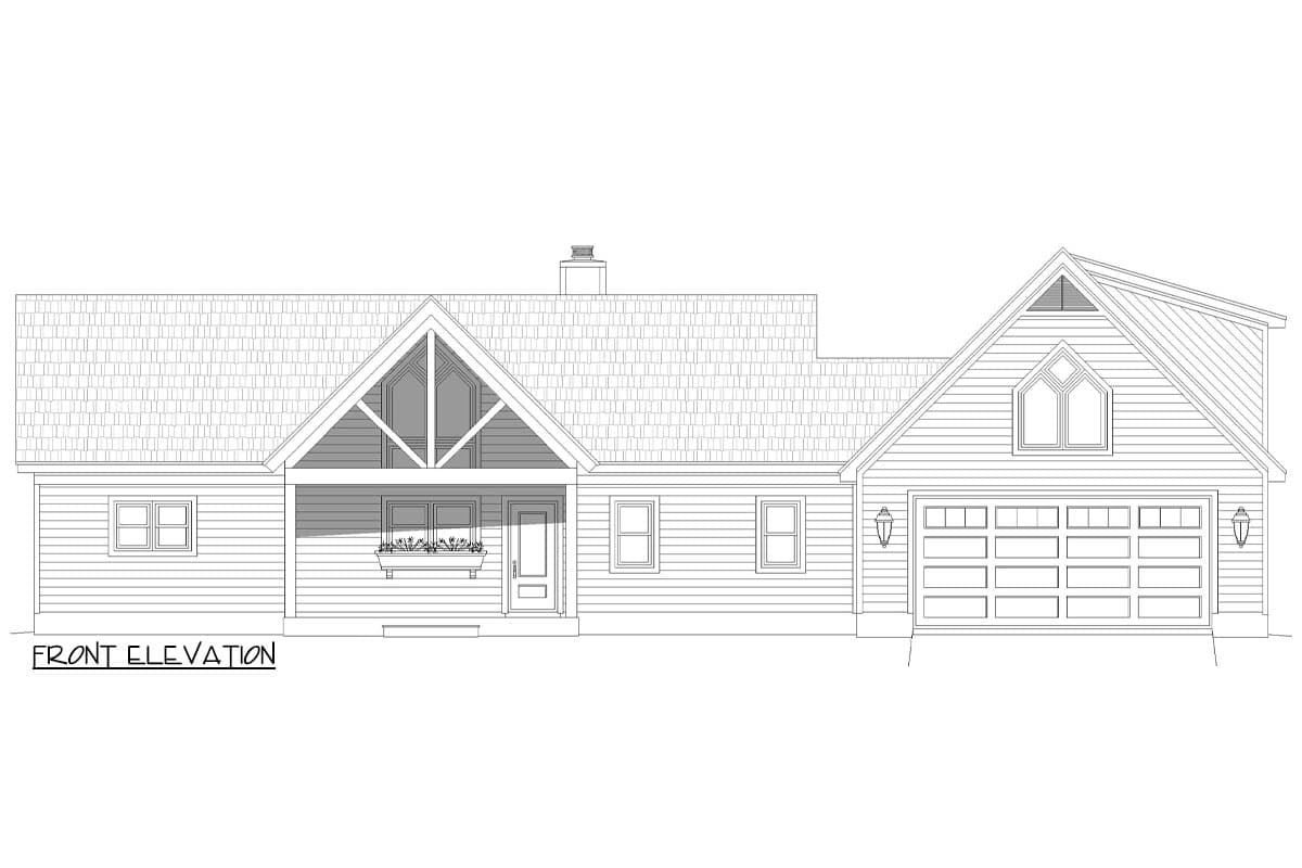Front elevation of a house plan featuring a covered porch with exposed beams, a prominent gable, and a two-car garage.