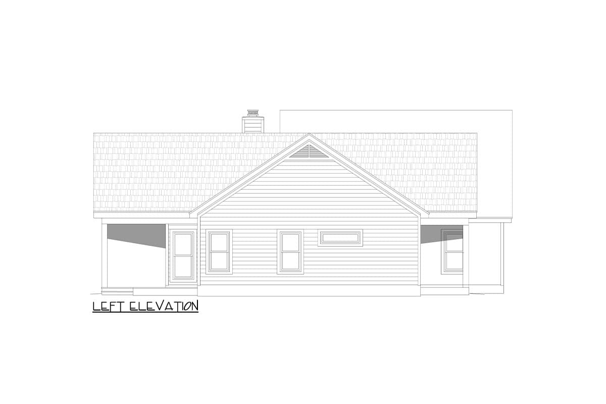 Left elevation drawing of a house plan featuring a gable roof, a prominent chimney, and a covered porch.