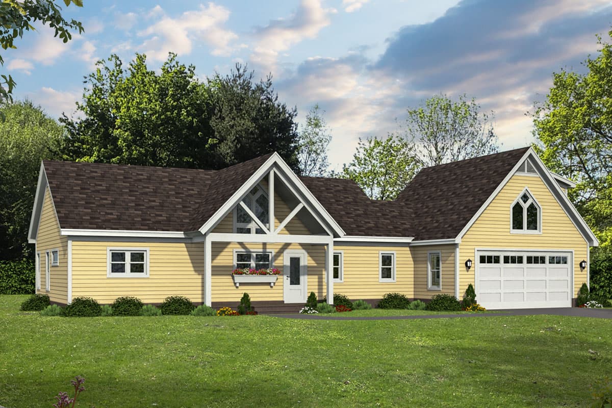 House plan exterior with gable roof, front porch with exposed truss, and attached garage. Includes dormers and symmetrical window placement.