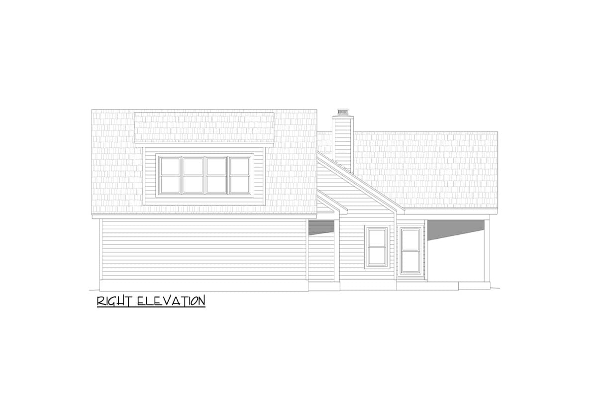 Right elevation house plan drawing with shingled dormer, siding, chimney, and covered porch.