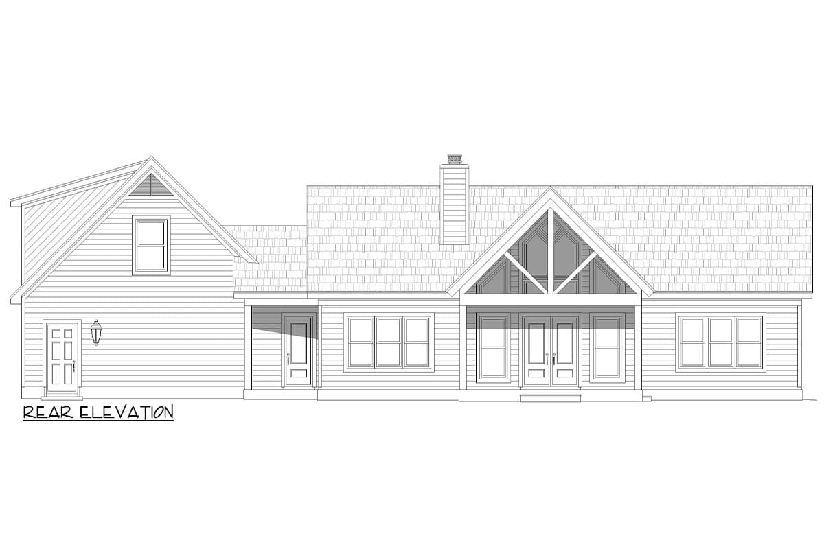 Rear elevation house plan showing a one-story home with a dormer, covered porch, and gabled entrance with exposed beams.