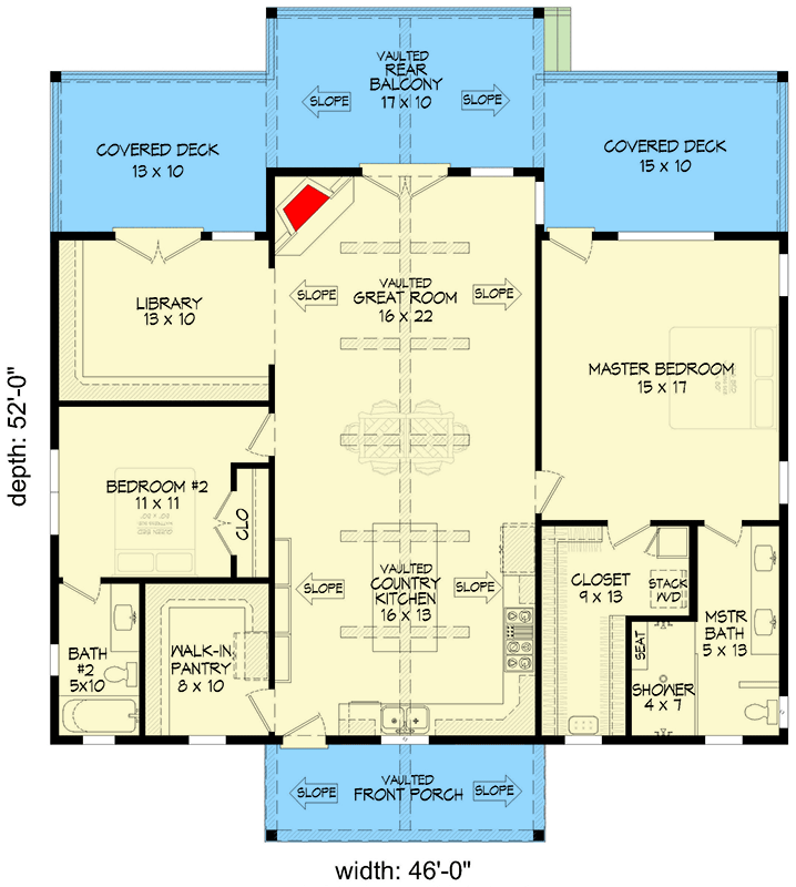 Plan 680362VR: 2-Bed Mountain Ranch House Plan with Library - 1541 Sq Ft - Floor Plan - Main Level - Country, Mountain, Ranch