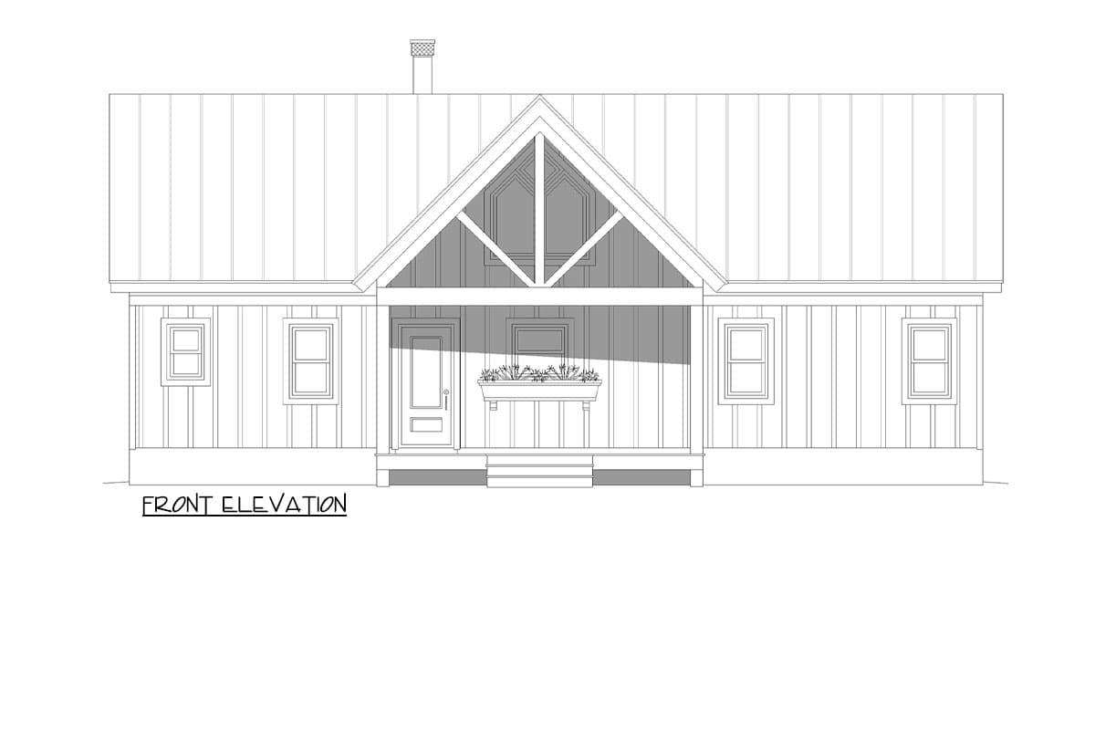 Front elevation drawing of a one-story house plan with a gabled porch, exposed beams, and vertical siding.
