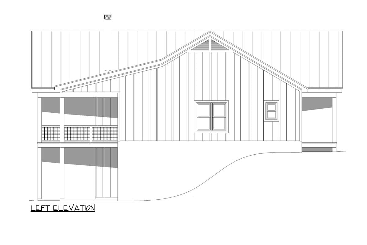 Left elevation house plan: metal roof, gable, two windows, covered balcony, and porch.