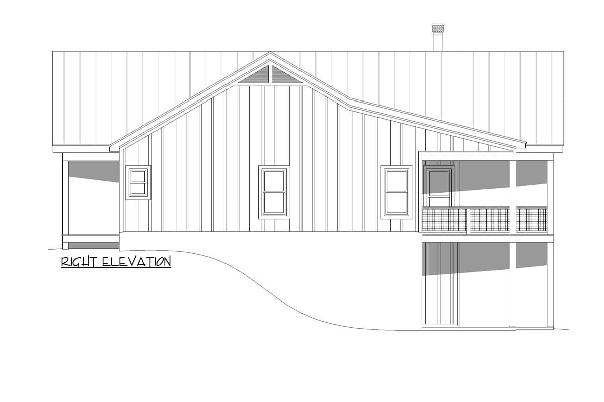 Right elevation house plan showing a gabled roof, vertical siding, multiple windows, and a two-story covered porch.