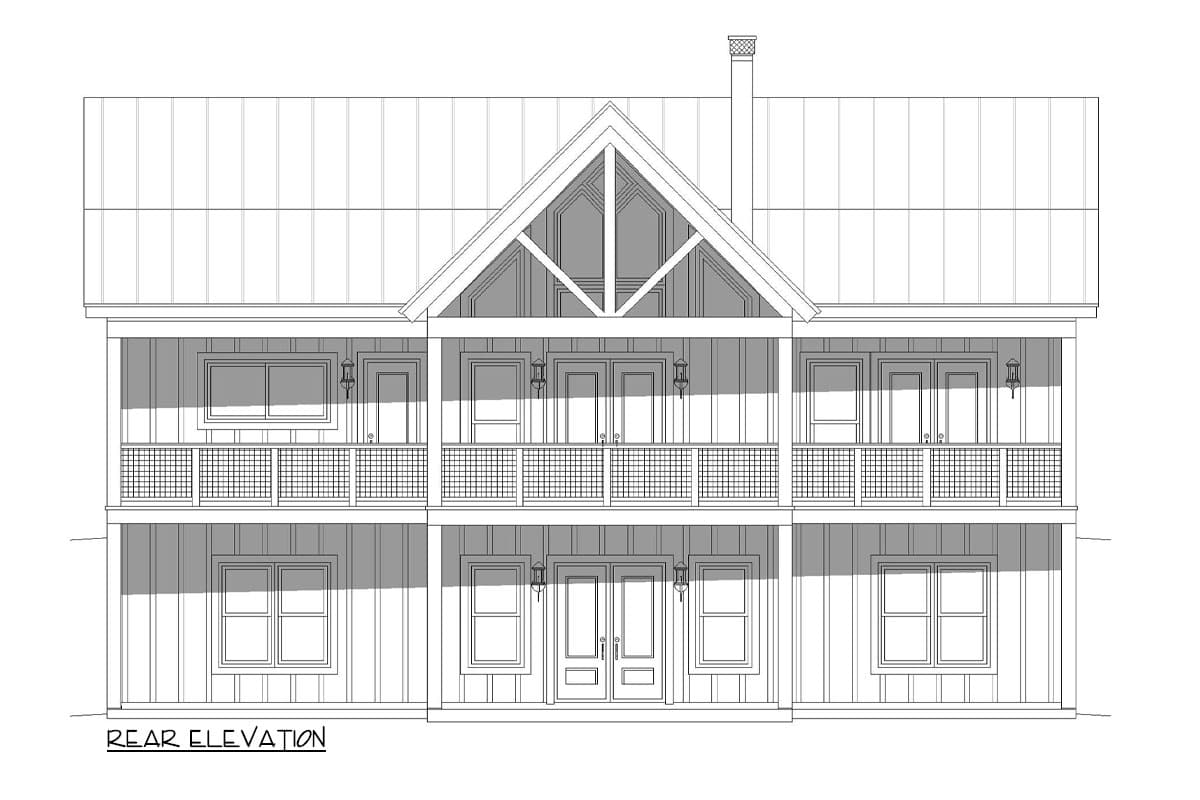 Rear elevation of a two-story house plan featuring a prominent gable, two-level covered porch with metal railings, and board-and-batten siding.