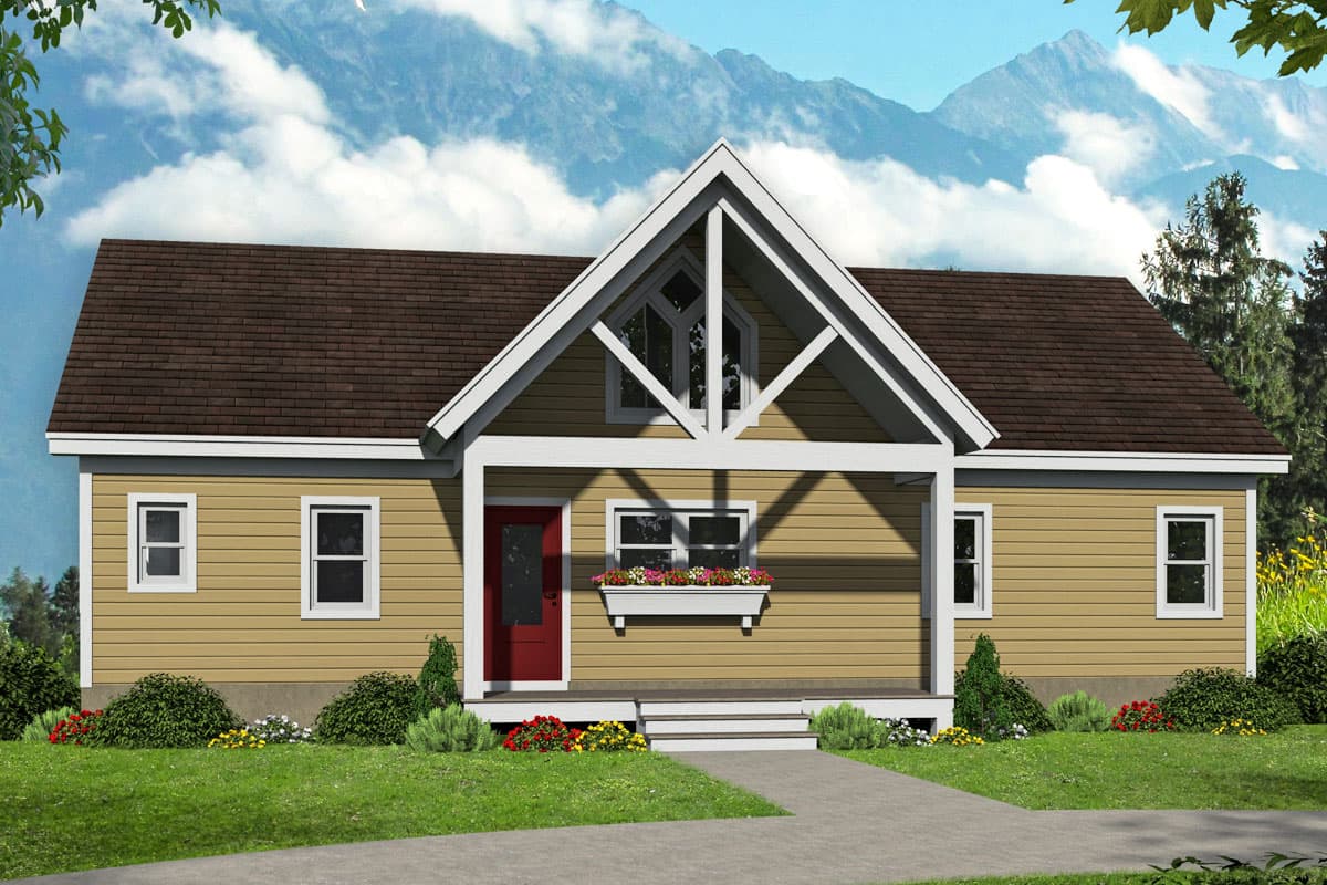 House plan exterior. One-story house with gabled roof, front porch, and decorative gable vent. Features include a red front door.