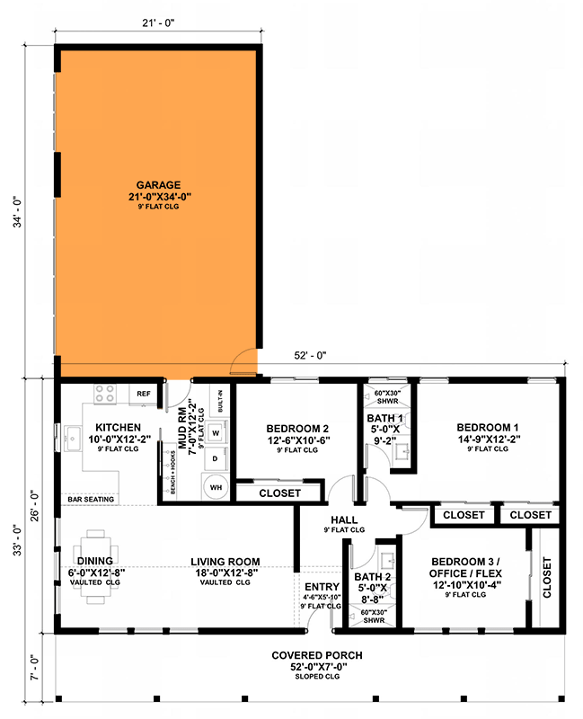 Plan 420152WNT: 3-Bed Modern Farmhouse House Plan with Flexible Home Office - 1352 Sq Ft - Floor Plan - Optional 2 Car Garage  - Cottage, Country, Modern Farmhouse, Ranch, Traditional