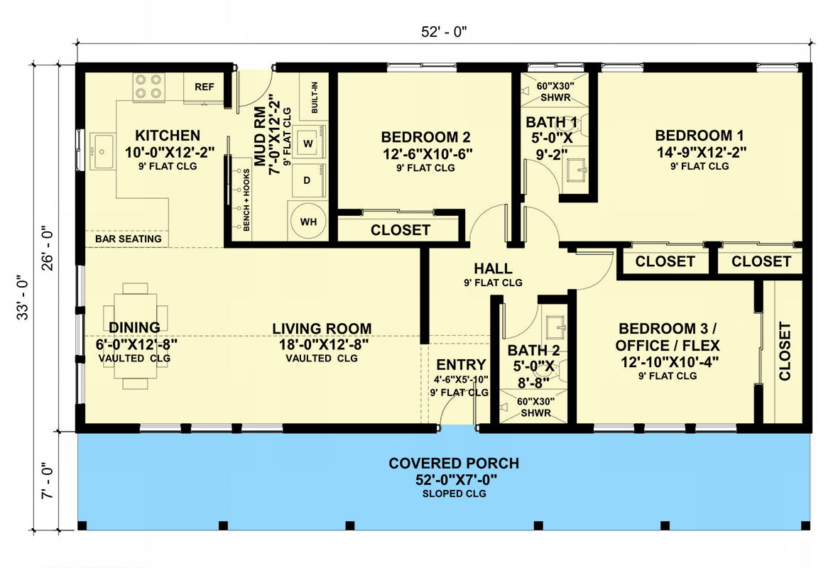 Plan 420152WNT: 3-Bed Modern Farmhouse House Plan with Flexible Home Office - 1352 Sq Ft - Floor Plan - Main Level - Cottage, Country, Modern Farmhouse, Ranch, Traditional
