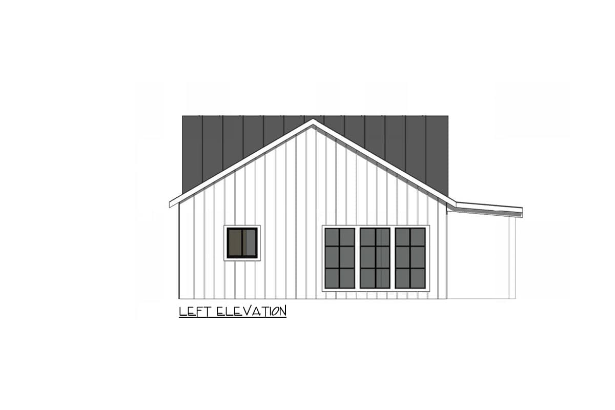 Left elevation house plan. Gable roof with vertical siding, one small window, and a bank of three casement windows.