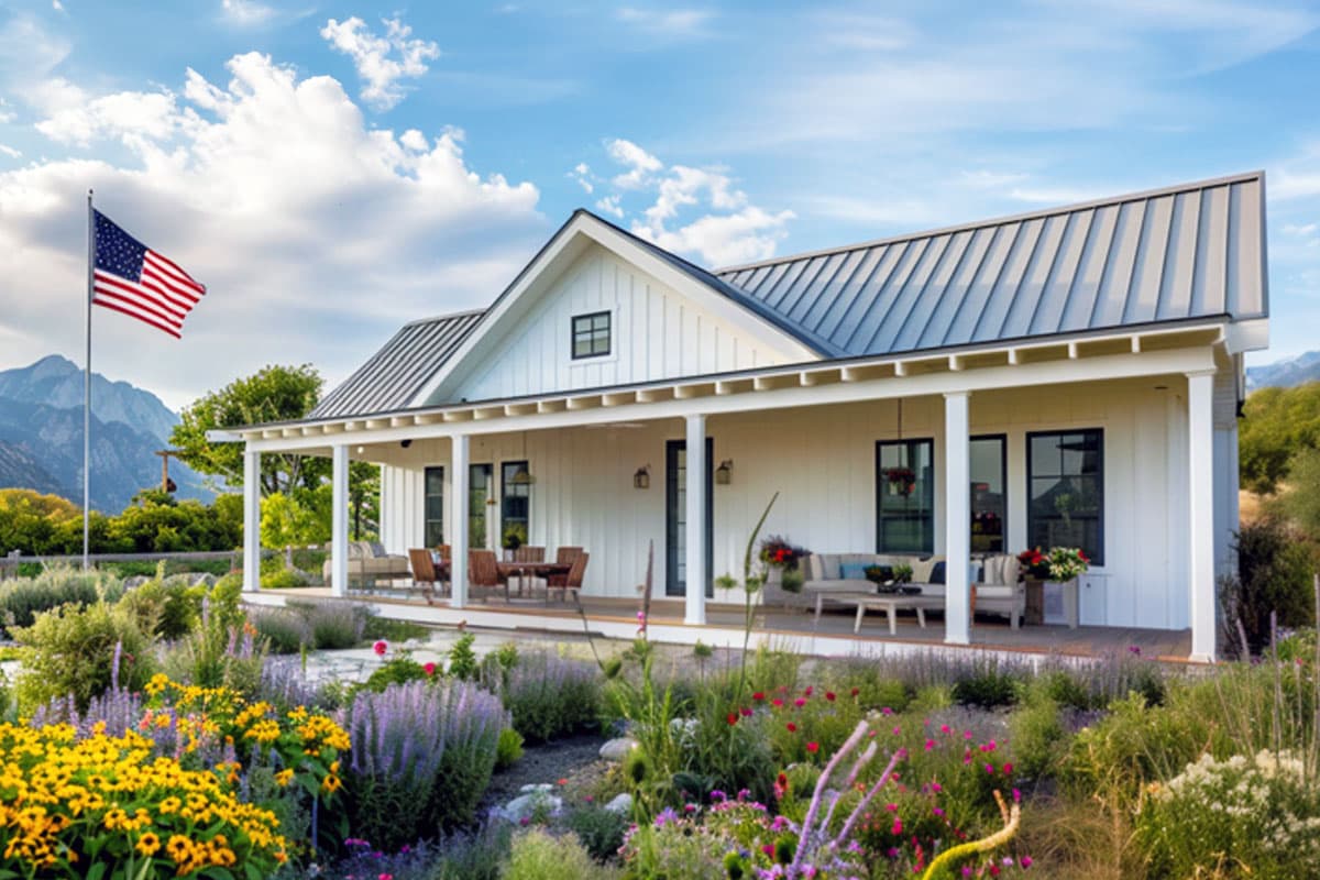 House plan exterior. Modern farmhouse style with a single story, a wraparound porch, and a metal roof. Gabled entry features a small window.