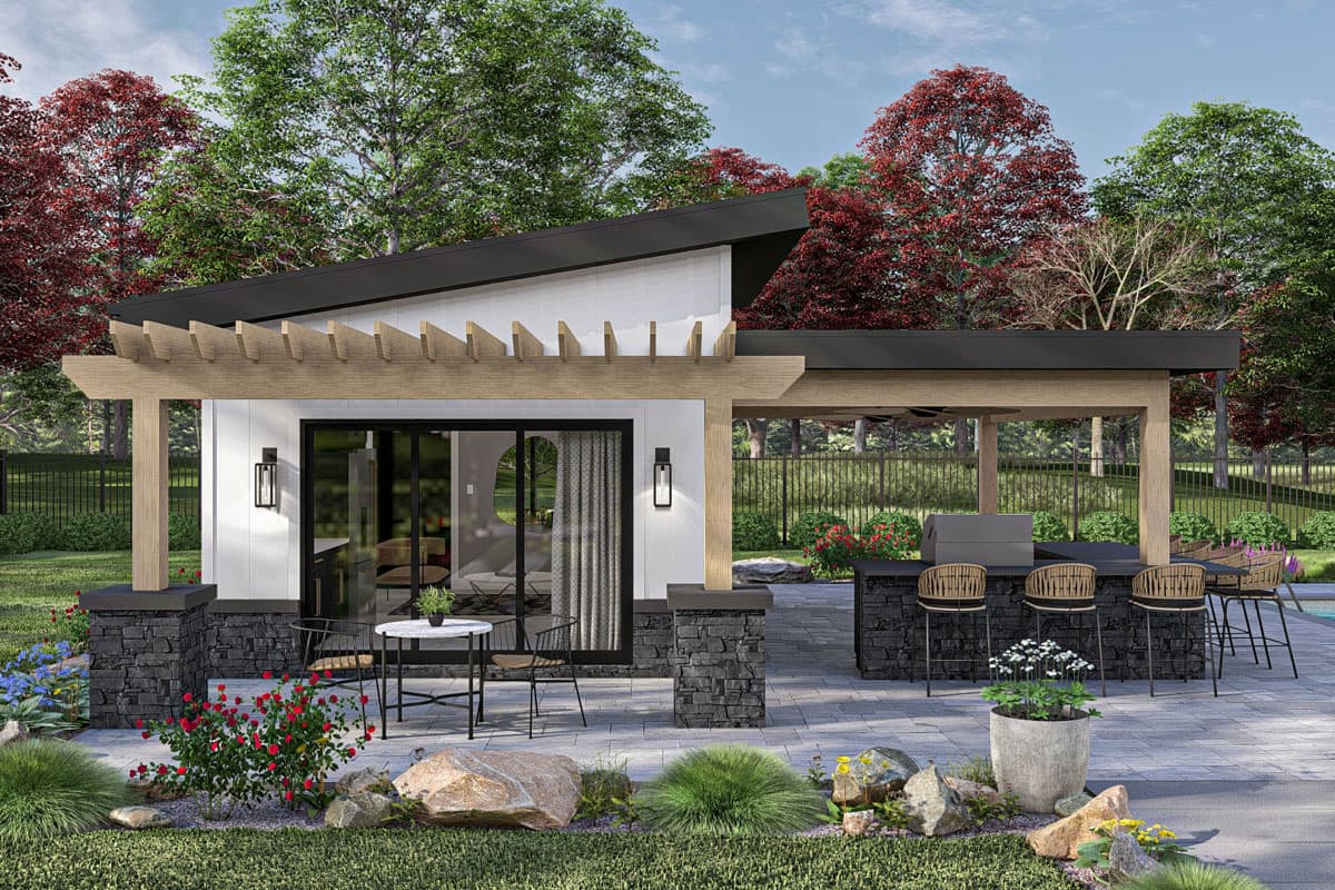 Modern house plan exterior with angled rooflines, stone-clad columns, pergola, and outdoor kitchen.