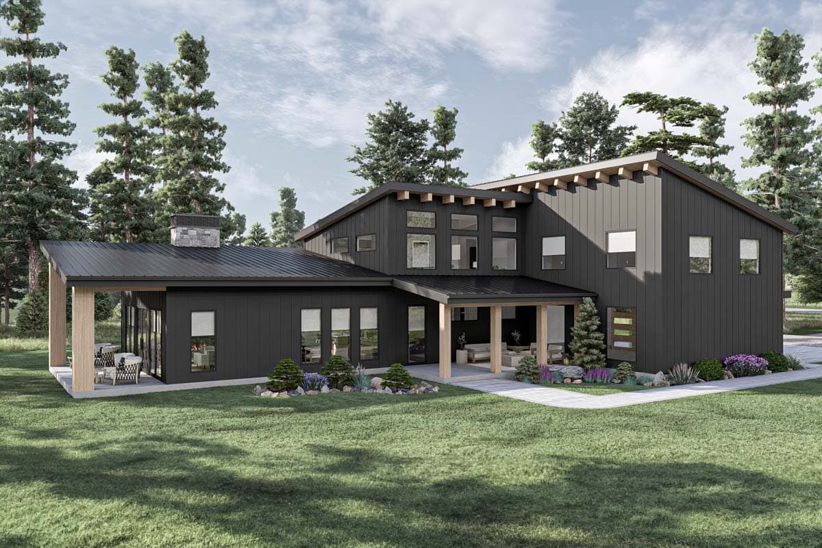 House plan exterior. Two-story modern house with a shed roof, a covered porch, and a stone chimney.