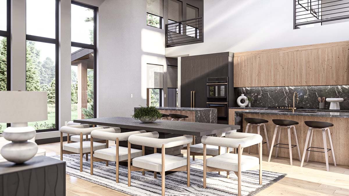 Interior rendering of an open-plan dining area and kitchen with a large island, ample natural light, and a two-story vaulted ceiling.