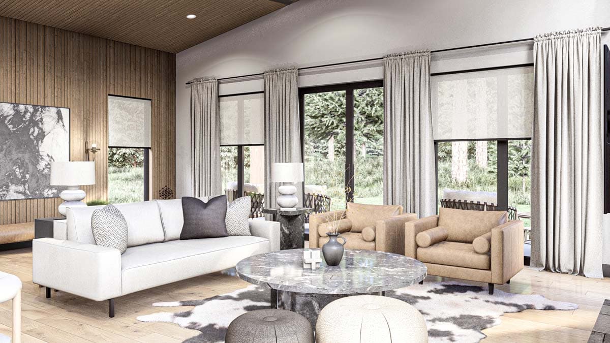 Living room rendering with a white sofa, tan armchairs, marble coffee table, wood paneling, and large windows with forest views.