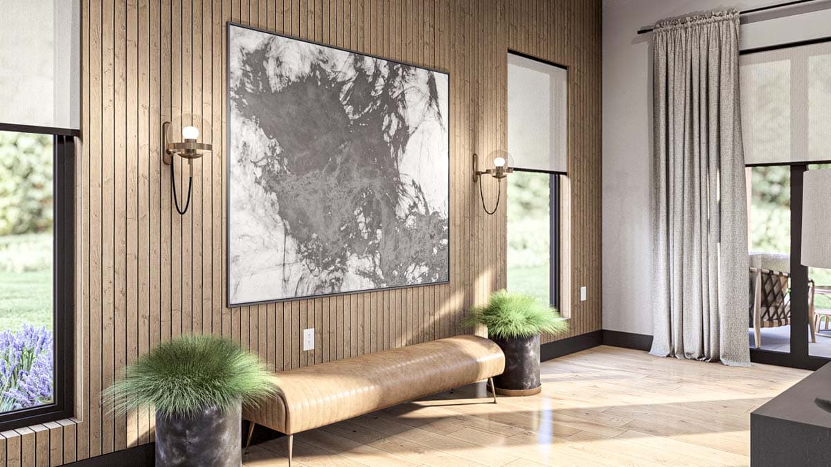Interior rendering of a room with wood-paneled walls, a large abstract artwork, a leather bench, and windows overlooking greenery.