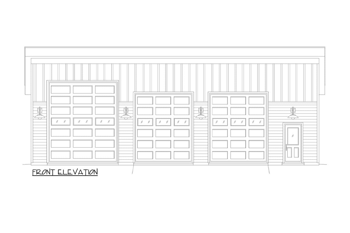 Front elevation drawing of a garage with three paneled garage doors of varying sizes and one pedestrian door.