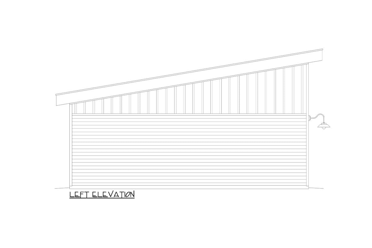 Left elevation drawing of a house with horizontal siding and a shed roof. A wall-mounted light fixture is visible.
