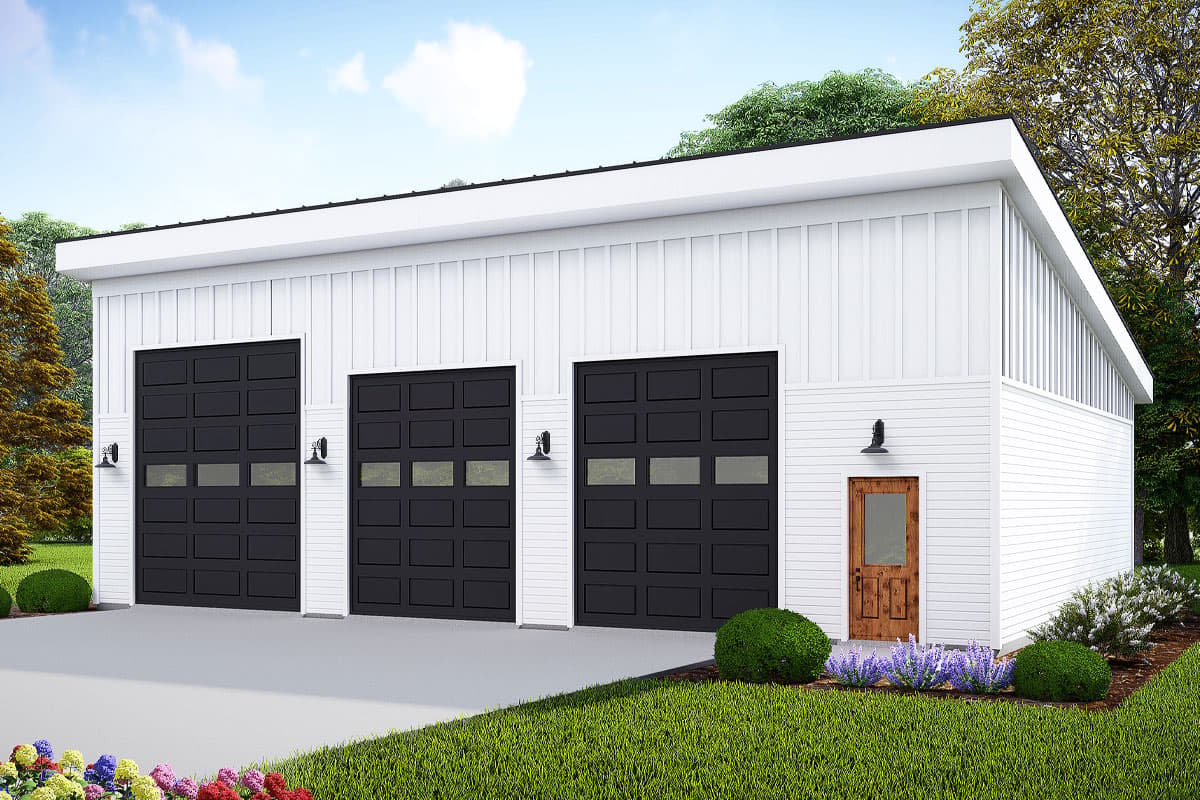 House plan exterior with modern styling. Features three garage bays, a shed roof, and vertical siding. Includes a wooden entry door.