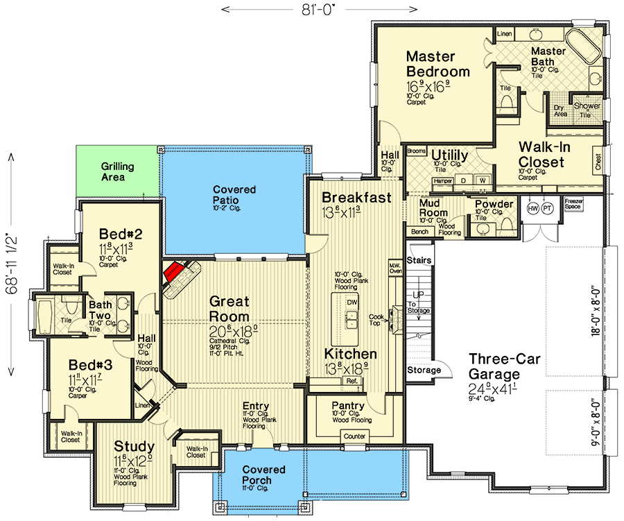 Plan 48623FM: 3-Bed Country Ranch House Plan with Home Office or Study - 2688 Sq Ft - Floor Plan - Main Level - Country, French Country, Ranch