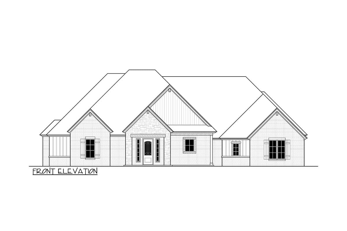 Front elevation drawing of a one-story house with brick exterior, prominent gables, stone accents, and a covered entry.