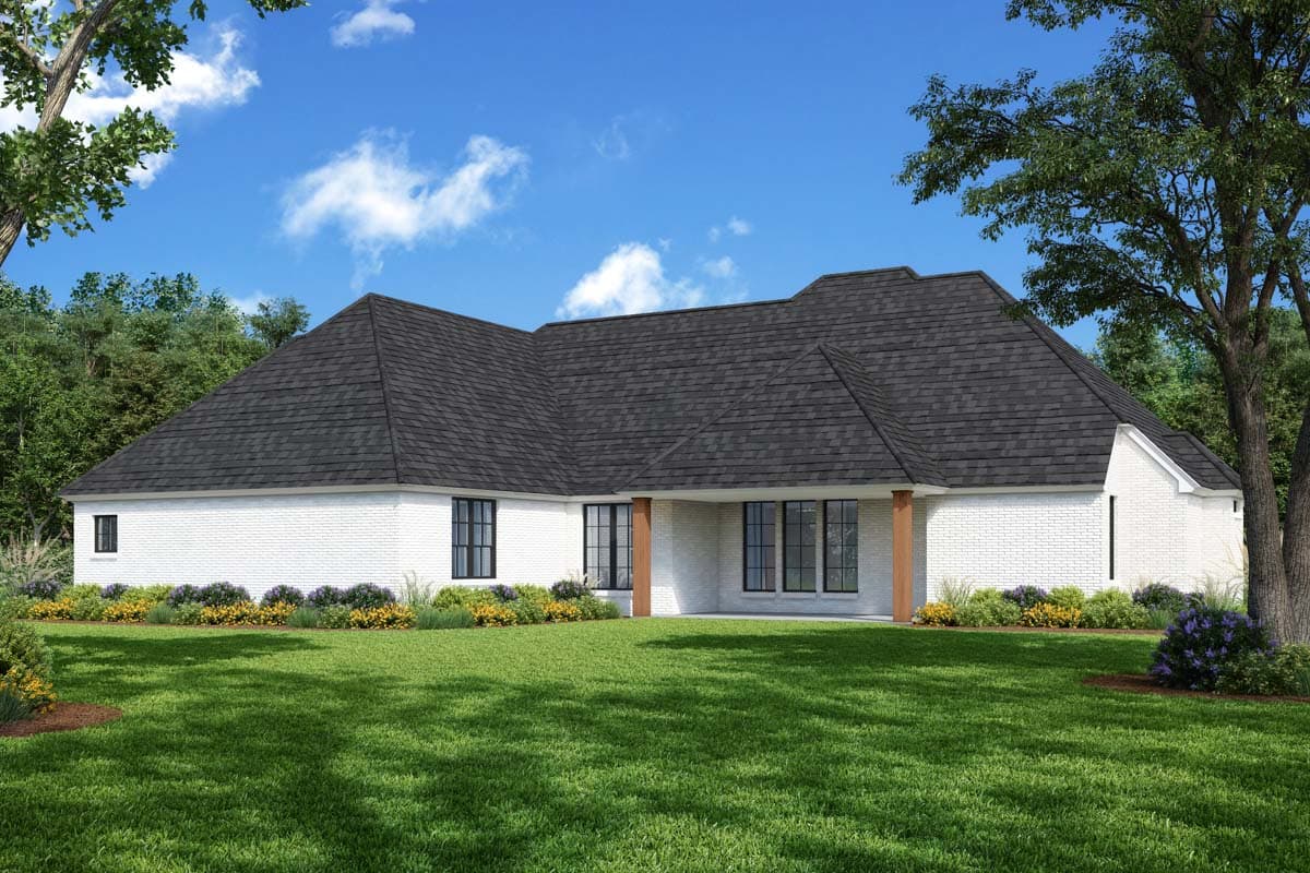 House plan exterior: A single-story Modern Farmhouse with white brick, multiple gables, a covered patio with wood posts, and dark-framed windows.