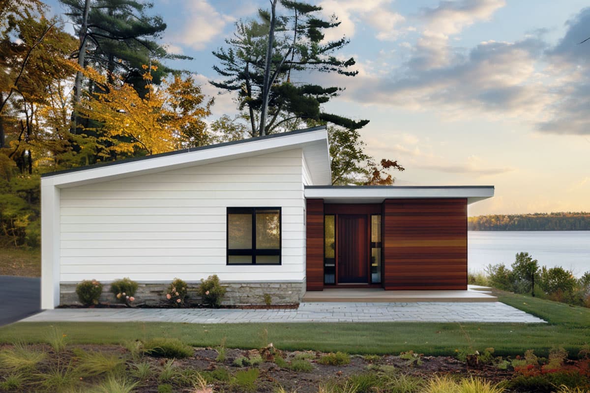 House plan exterior. Modern style with a single-slope roof, horizontal siding, and a contrasting wood-clad entry. Features a small stone base.
