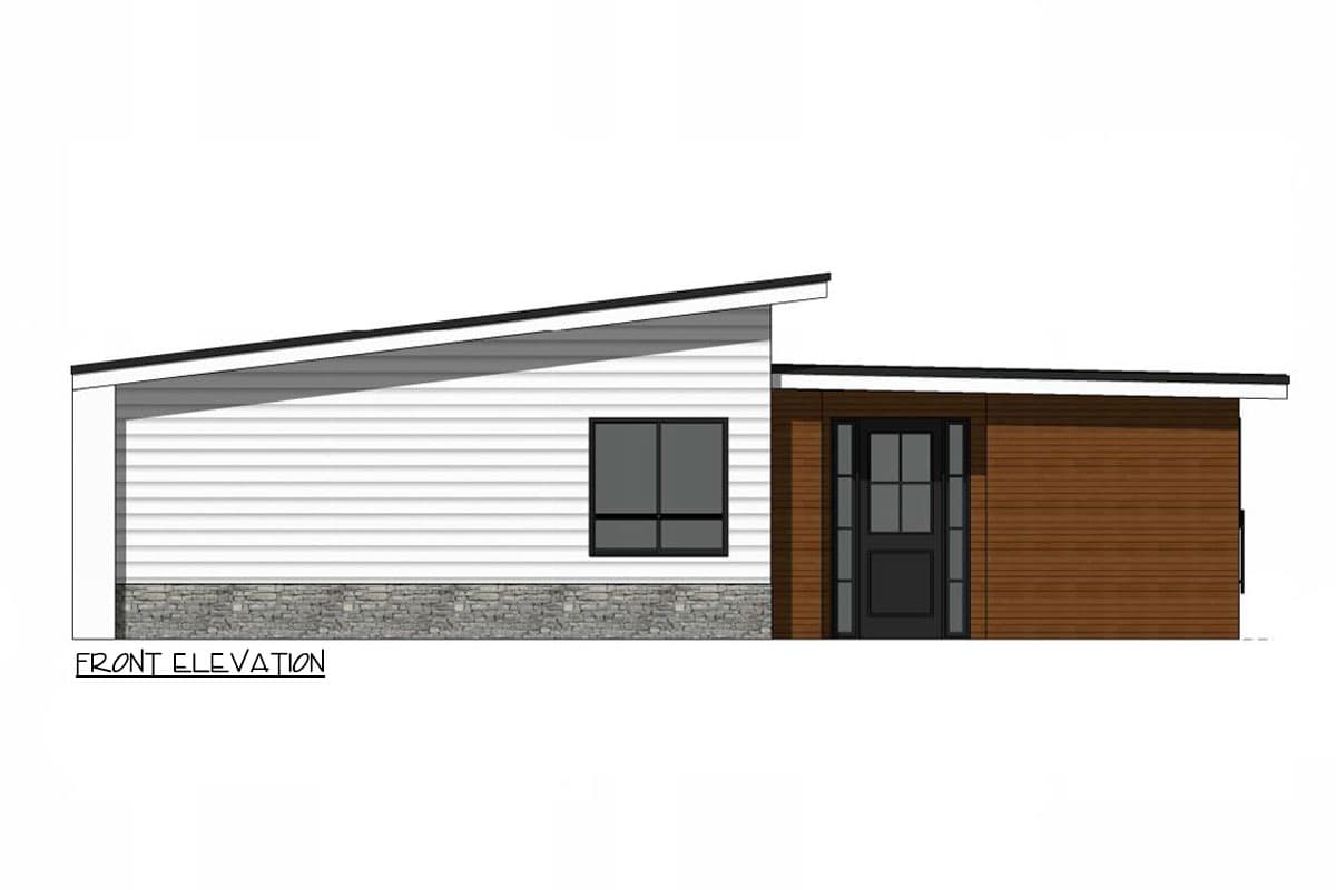 Front elevation drawing of a one-story house with a modern roofline, horizontal siding, stone base, and a glass-paneled door.