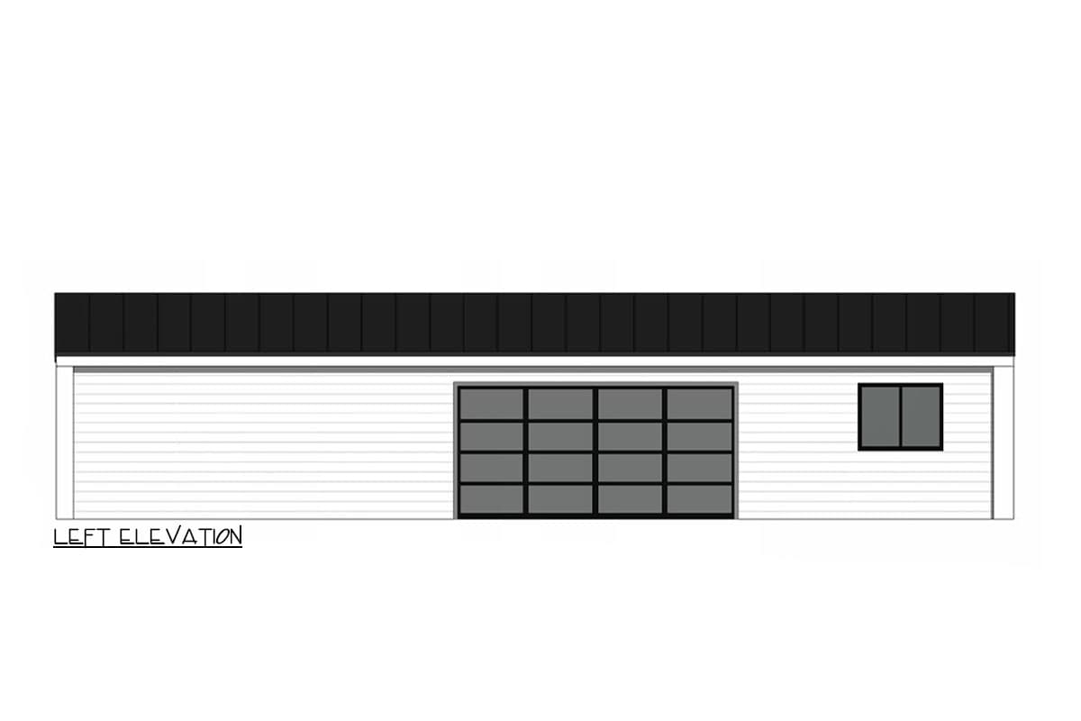 Left elevation of house plan featuring horizontal siding, a dark roof, a large multi-pane garage door, and a single window.