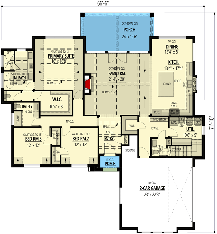 Plan 915061CHP: 4-Bed French Country House Plan with Two-Story Great Room - 2830 Sq Ft - Floor Plan - Main Level - European, French Country, New American