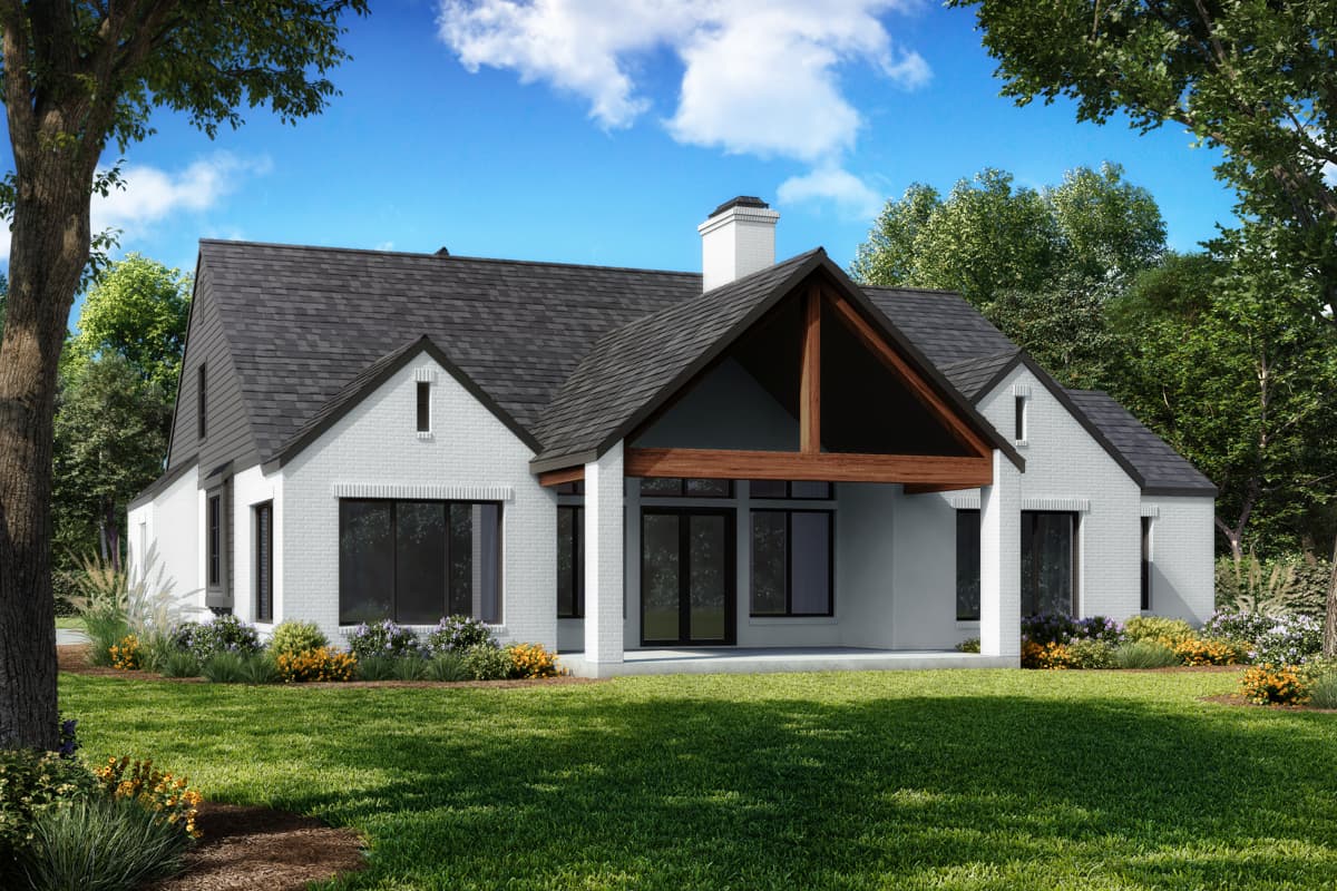 House plan exterior: Modern Farmhouse style with white brick, gabled rooflines, large windows, and covered entry with exposed beams.