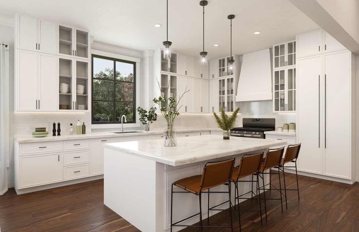 Modern kitchen with white cabinetry, large island with seating, and a range with a vent hood. A large window is visible.
