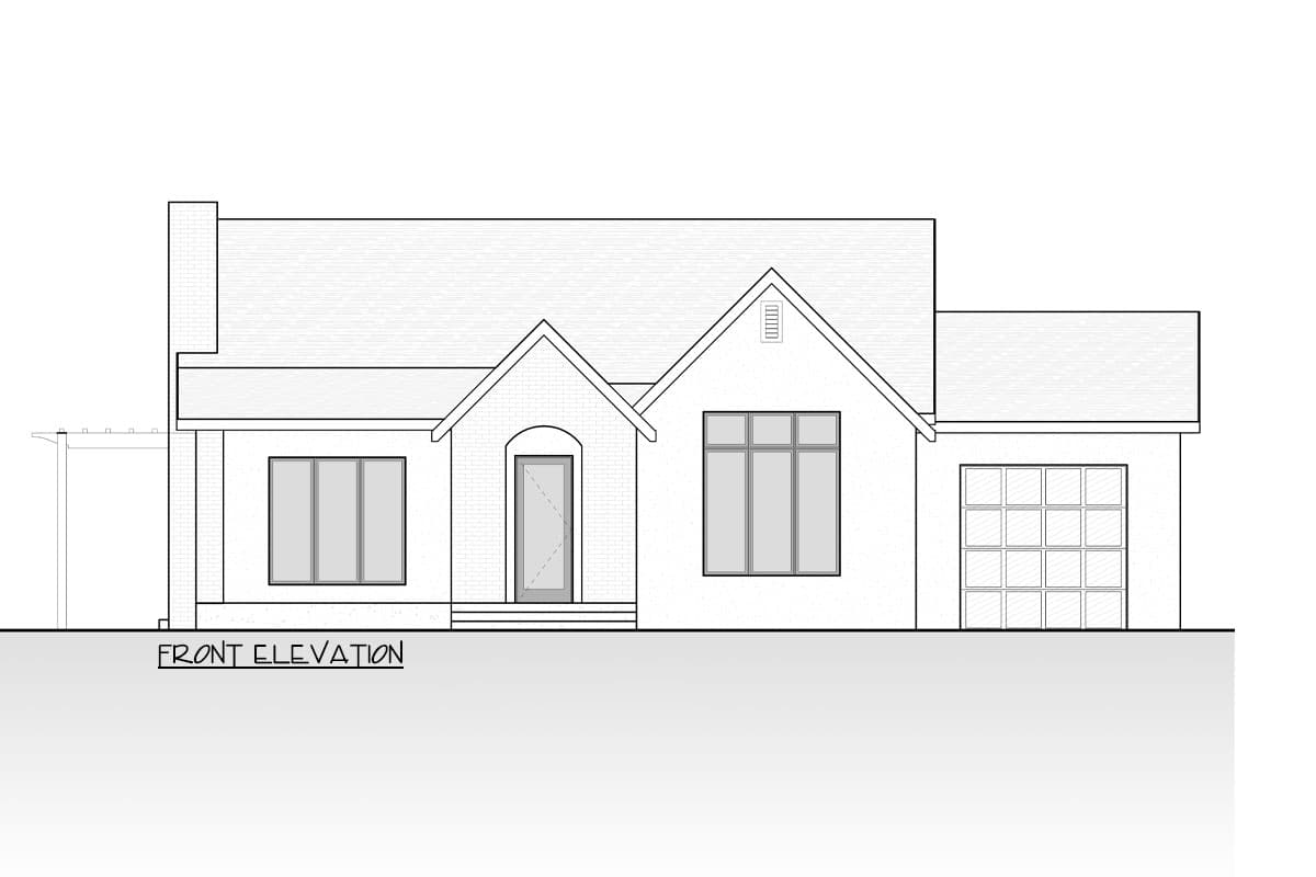 Front elevation drawing of a one-story house with a prominent gable, brick facade, large windows, and an attached garage.