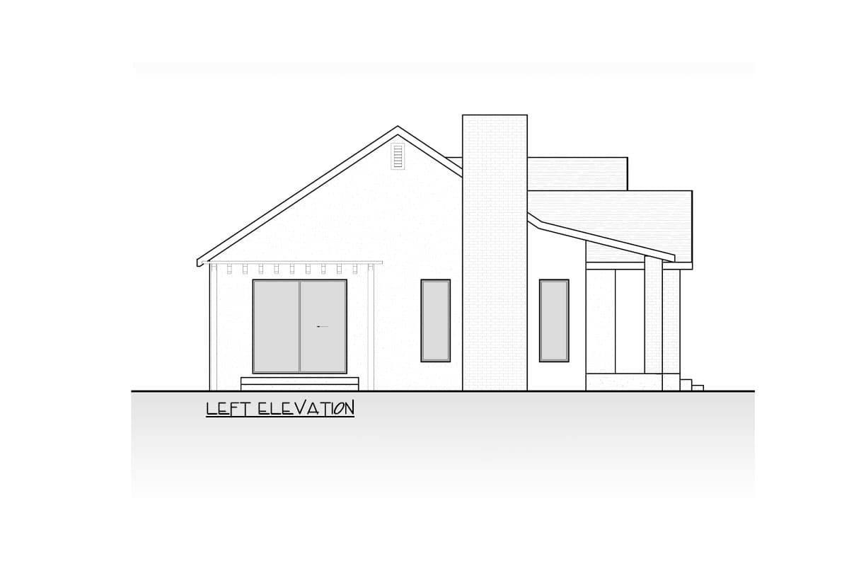 Left elevation of a house plan featuring a prominent brick chimney, sliding glass doors, and a covered porch.