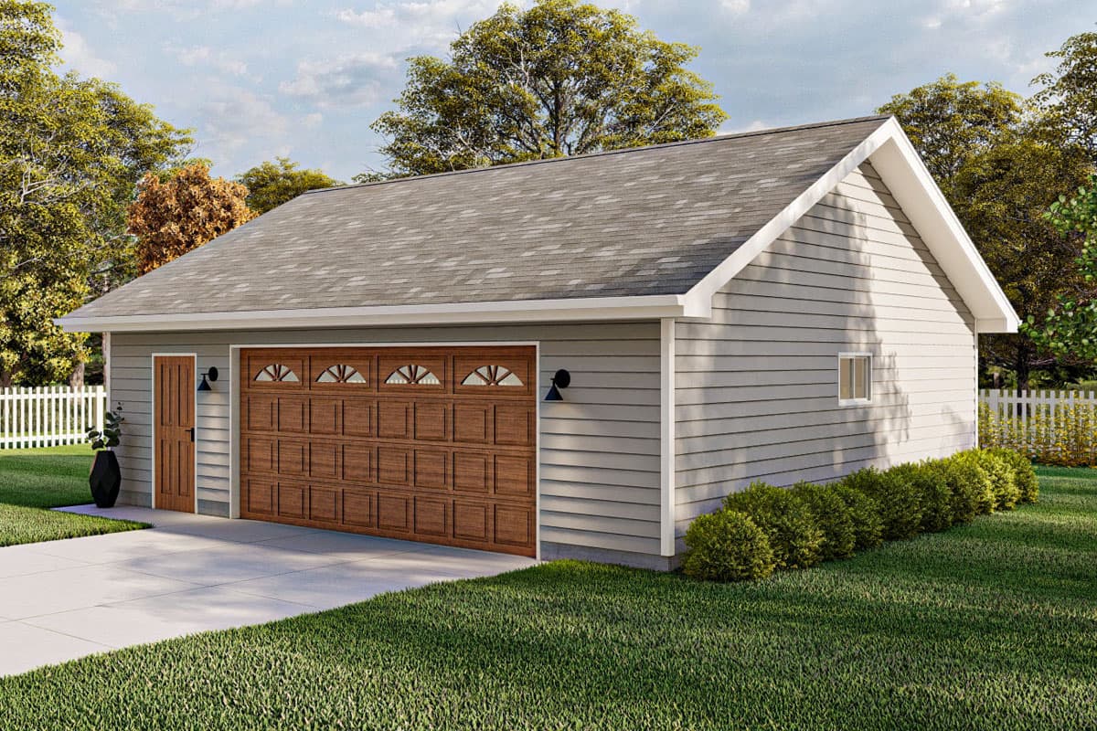 House plan exterior with gable roof, wood-look garage door, and lap siding. Features a single car garage and entry door.