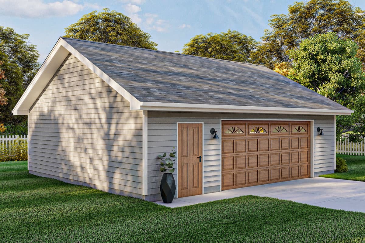 House plan exterior of a two-car garage with a gable roof, horizontal siding, and two garage doors.