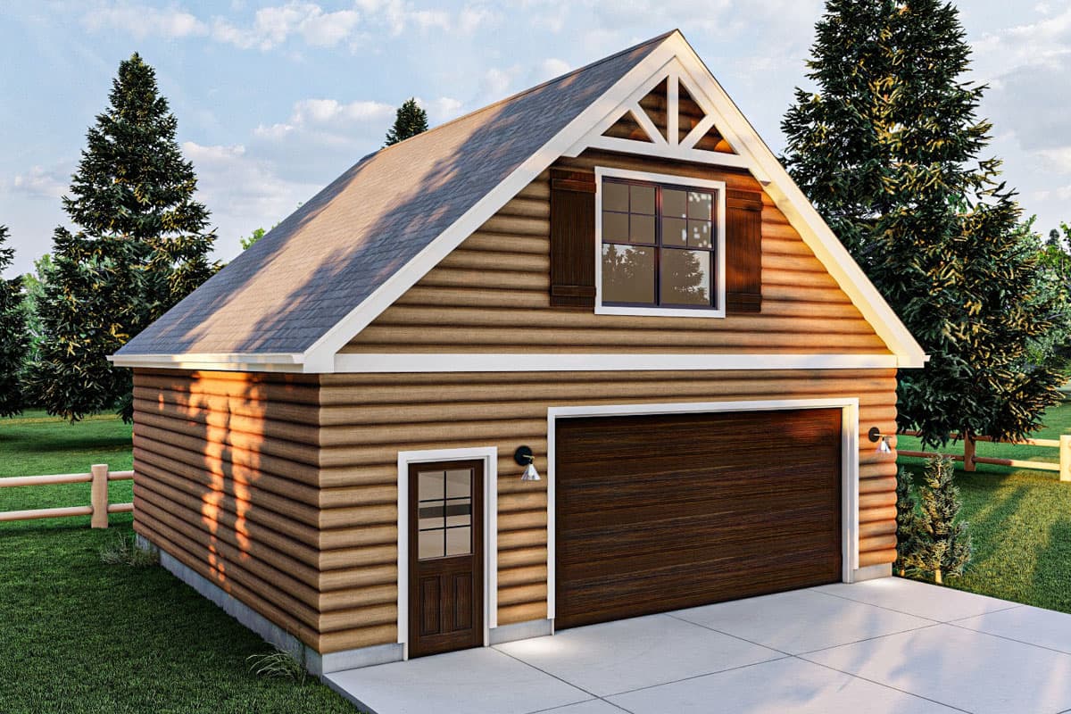 House plan exterior. One-story garage with gable roof. Features include a garage door, side entry door, and a decorative window with shutters.