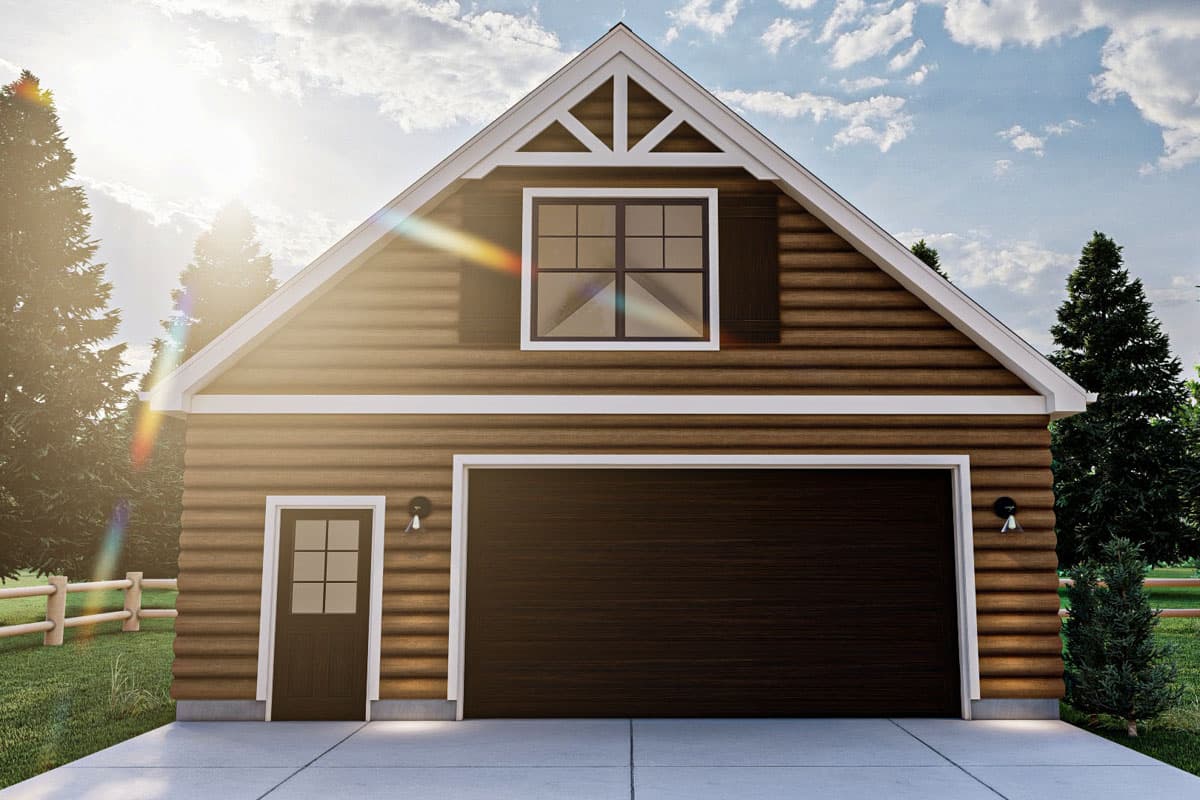 House plan exterior with horizontal siding, a large garage door, a single door, and a gable dormer with decorative trim.