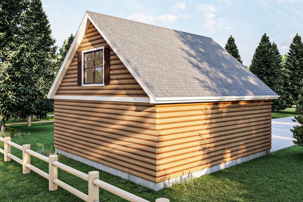House plan exterior: Gable roof, horizontal siding, and one upper window with shutters. Features a simple gabled roofline.
