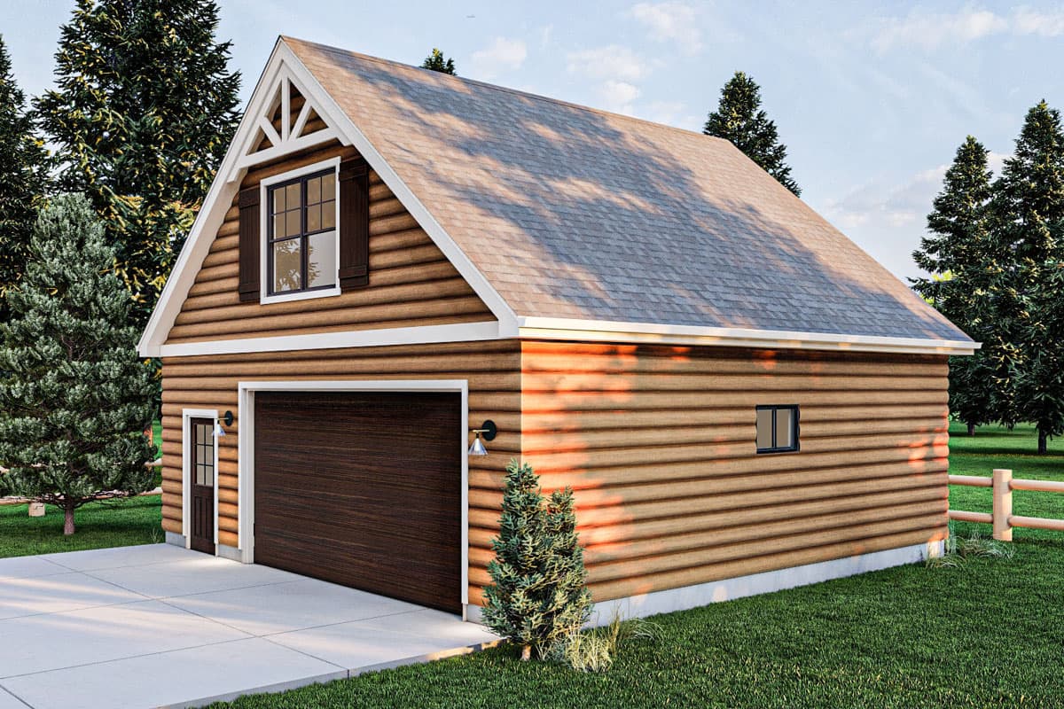 House plan exterior of a two-story garage with wood siding, gable dormer, and attached garage door.
