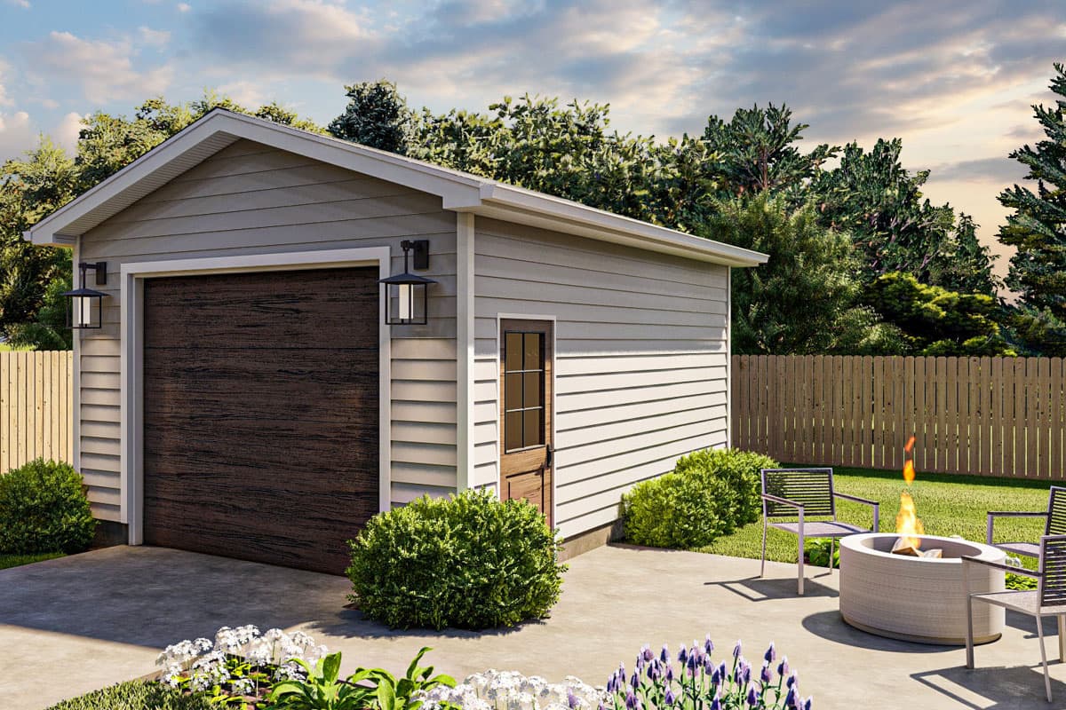 House plan exterior. One-story detached garage with a gable roof, dark garage door, and a single entry door. Includes coach lights.