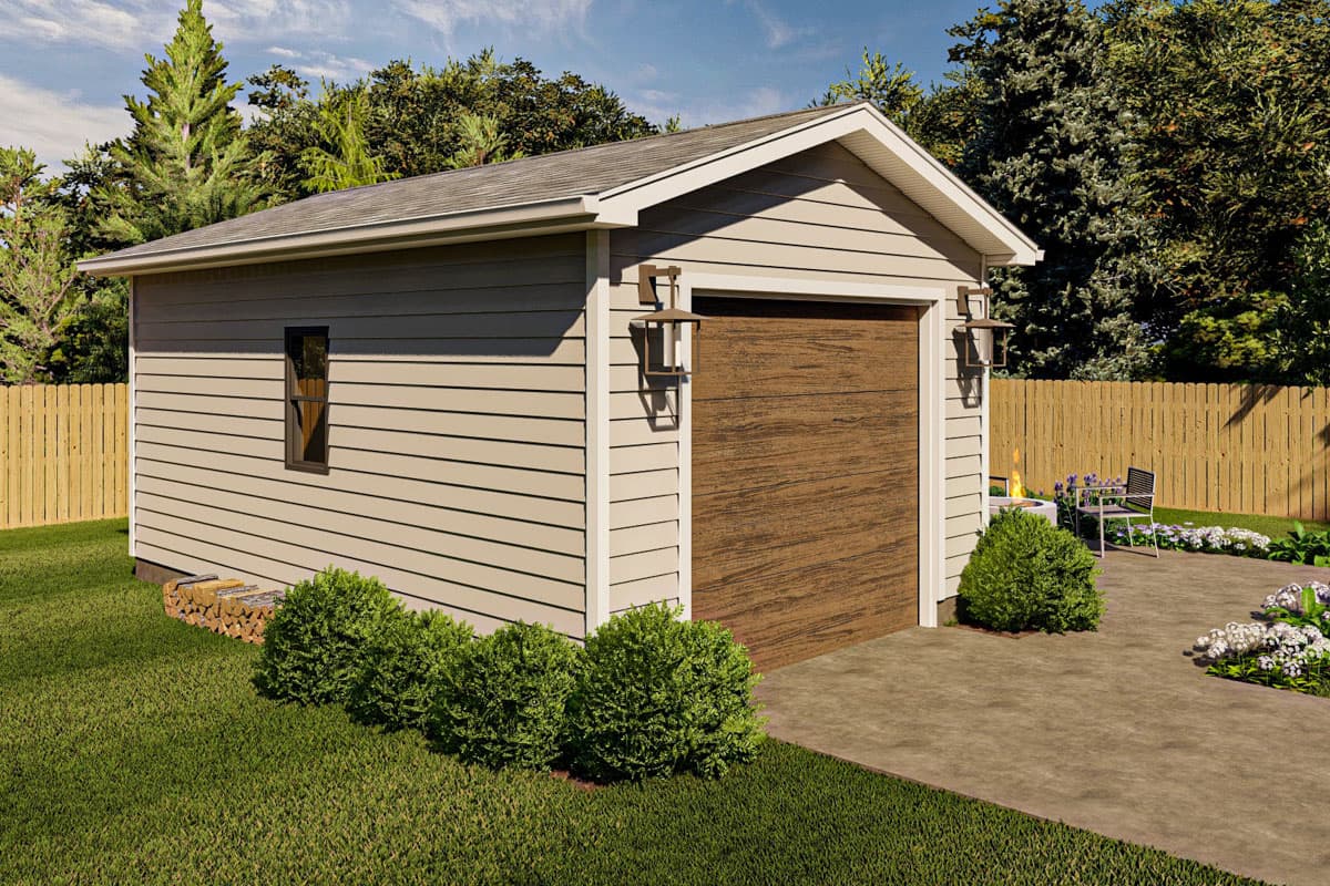One-story garage exterior with vinyl siding, a gable roof, single garage door, and one window. Two lanterns flank the garage.