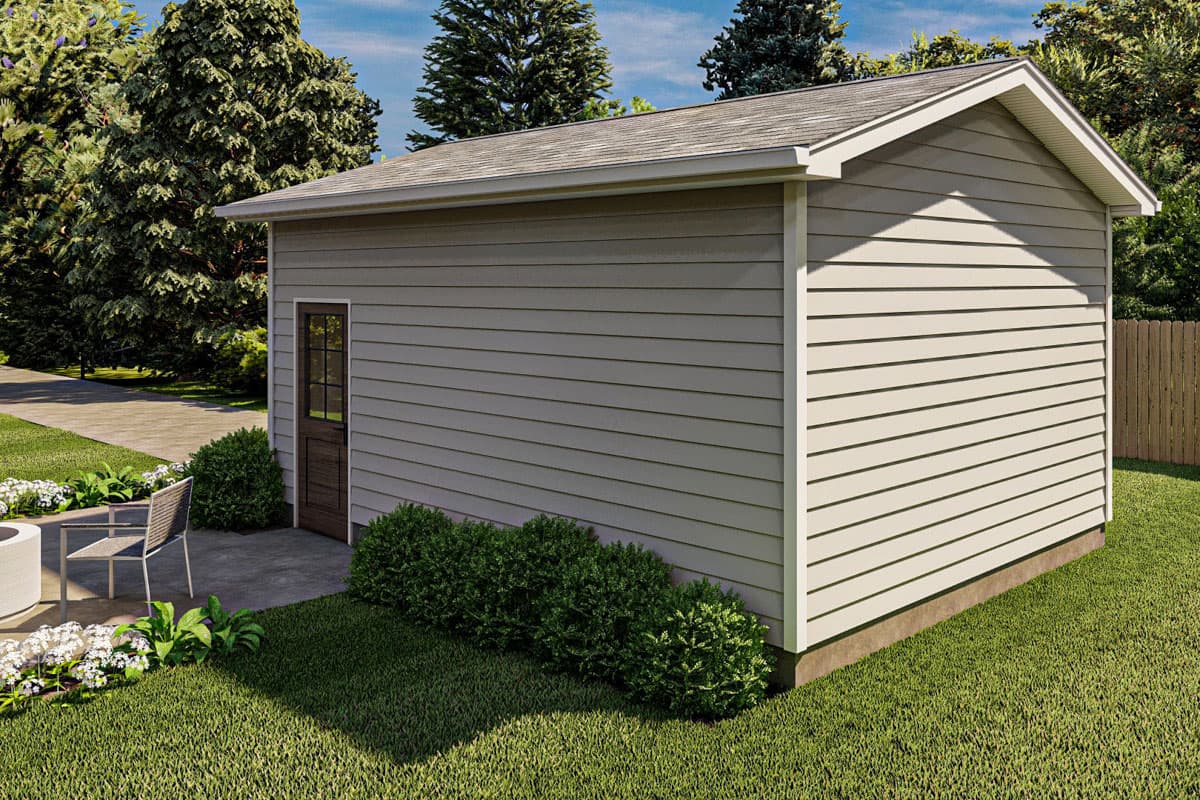 House plan exterior: Gable roof, horizontal siding, and a single paneled door with a glass inset.