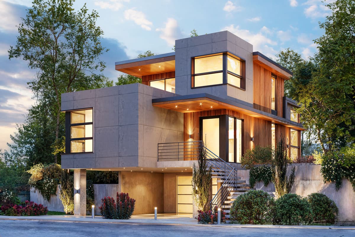 House plan exterior. Modern style, two stories. Features include flat roof, wood siding, and cantilevered upper level with recessed lighting.